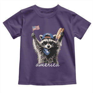 Funny America Raccoon Happy 4th of July Toddler T Shirt Holding Hotdog and US Flag Patriotic Graphic