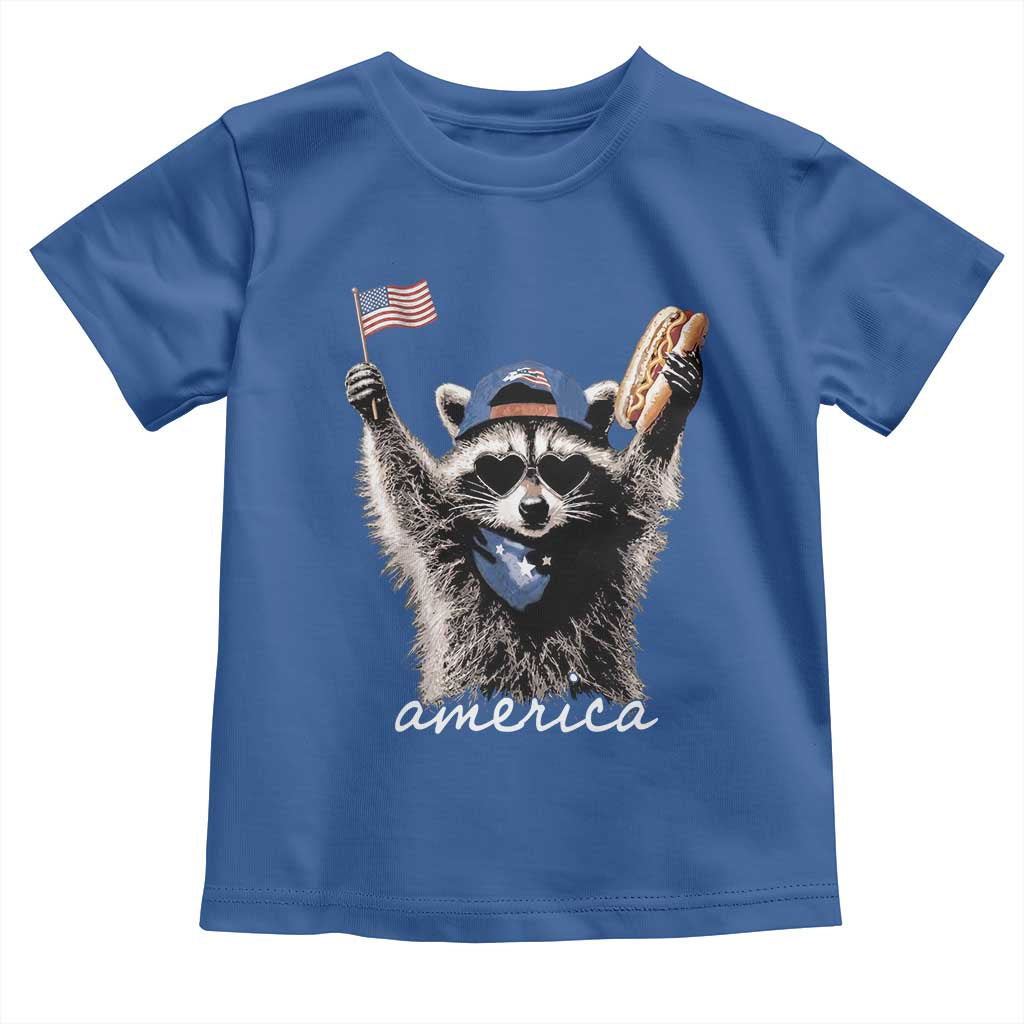Funny America Raccoon Happy 4th of July Toddler T Shirt Holding Hotdog and US Flag Patriotic Graphic