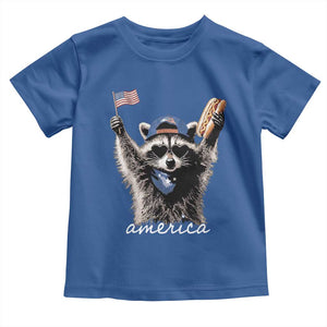 Funny America Raccoon Happy 4th of July Toddler T Shirt Holding Hotdog and US Flag Patriotic Graphic