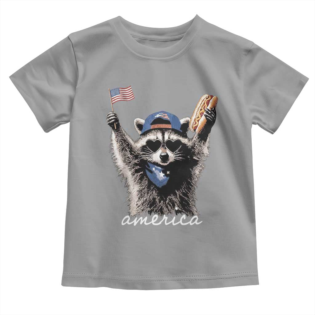 Funny America Raccoon Happy 4th of July Toddler T Shirt Holding Hotdog and US Flag Patriotic Graphic