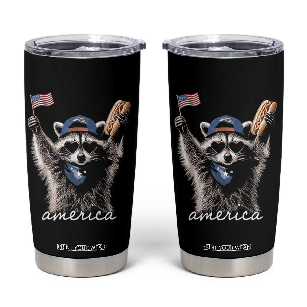 Funny America Raccoon Happy 4th of July Tumbler Cup Holding Hotdog and US Flag Patriotic Graphic TS02 Black Print Your Wear