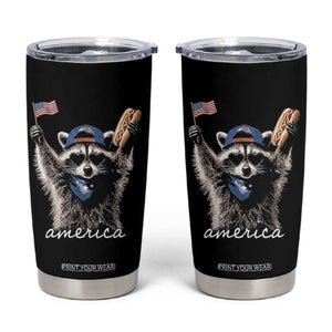 Funny America Raccoon Happy 4th of July Tumbler Cup Holding Hotdog and US Flag Patriotic Graphic TS02 Black Print Your Wear
