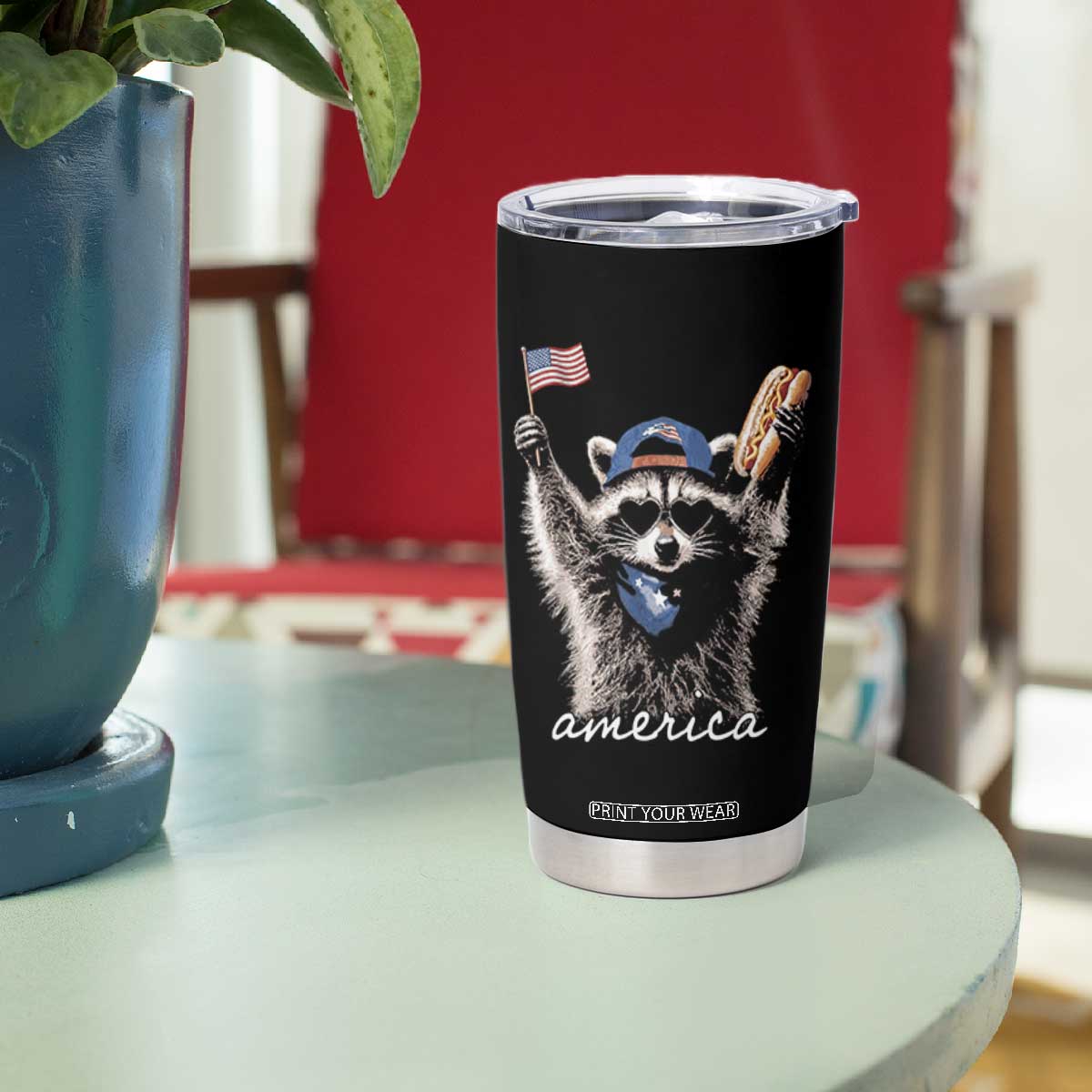 Funny America Raccoon Happy 4th of July Tumbler Cup Holding Hotdog and US Flag Patriotic Graphic TS02 Print Your Wear