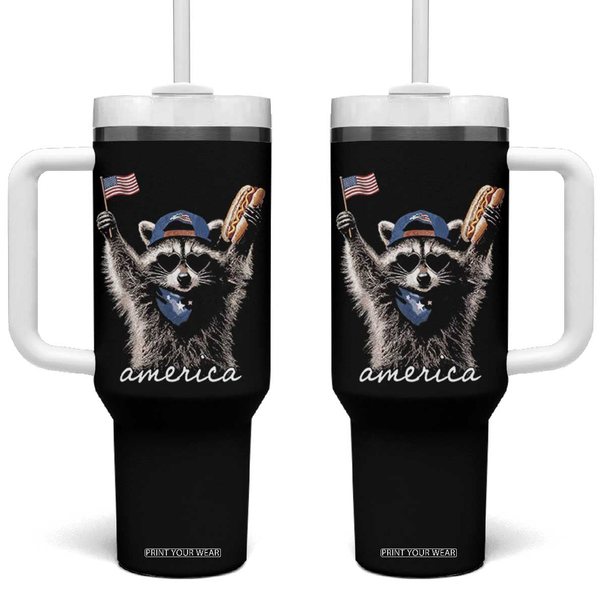 Funny America Raccoon Happy 4th of July Tumbler With Handle Holding Hotdog and US Flag Patriotic Graphic TS02 One Size: 40 oz Black Print Your Wear