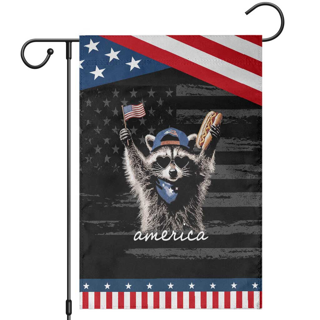 Funny America Raccoon Happy 4th of July Patriotic Garden Flag Holding Hotdog and US Flag Graphic