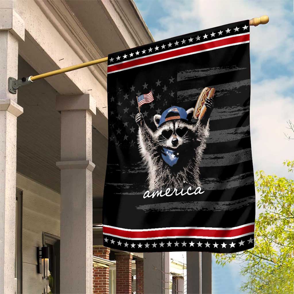 Funny America Raccoon Happy 4th of July Patriotic Garden Flag Holding Hotdog and US Flag Graphic