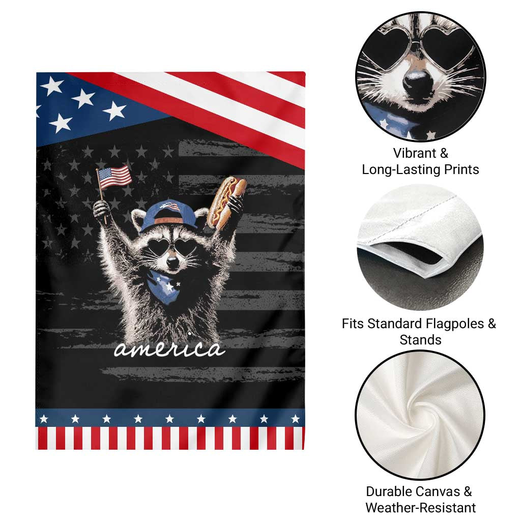 Funny America Raccoon Happy 4th of July Patriotic Garden Flag Holding Hotdog and US Flag Graphic