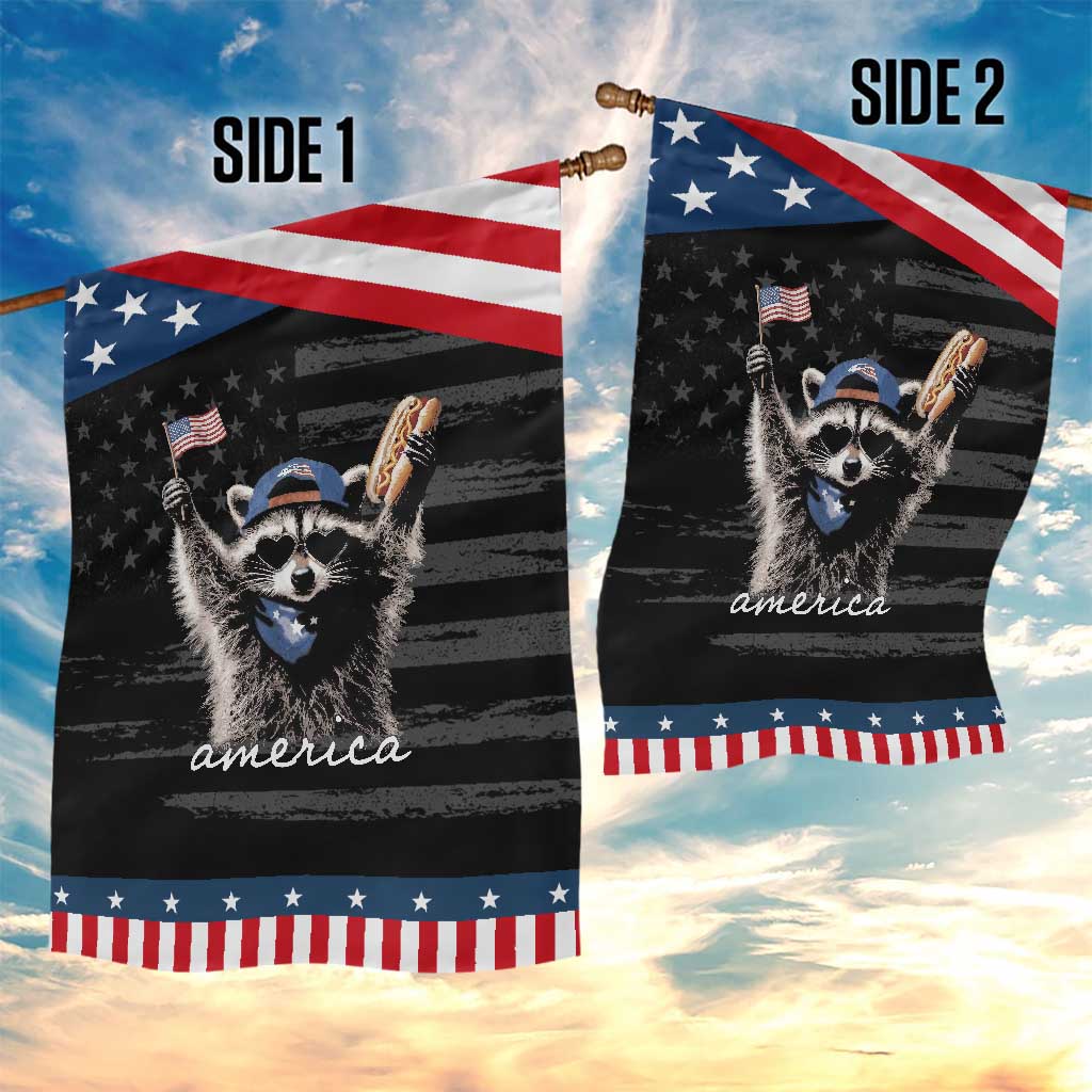 Funny America Raccoon Happy 4th of July Patriotic Garden Flag Holding Hotdog and US Flag Graphic