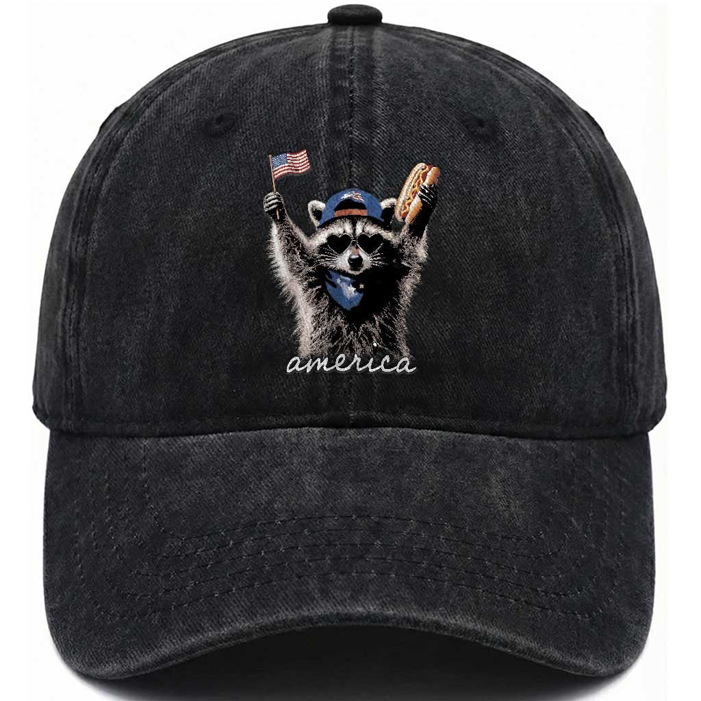 Funny America Raccoon Happy 4th of July Washed Cotton Baseball Cap Holding Hotdog and US Flag Patriotic Graphic