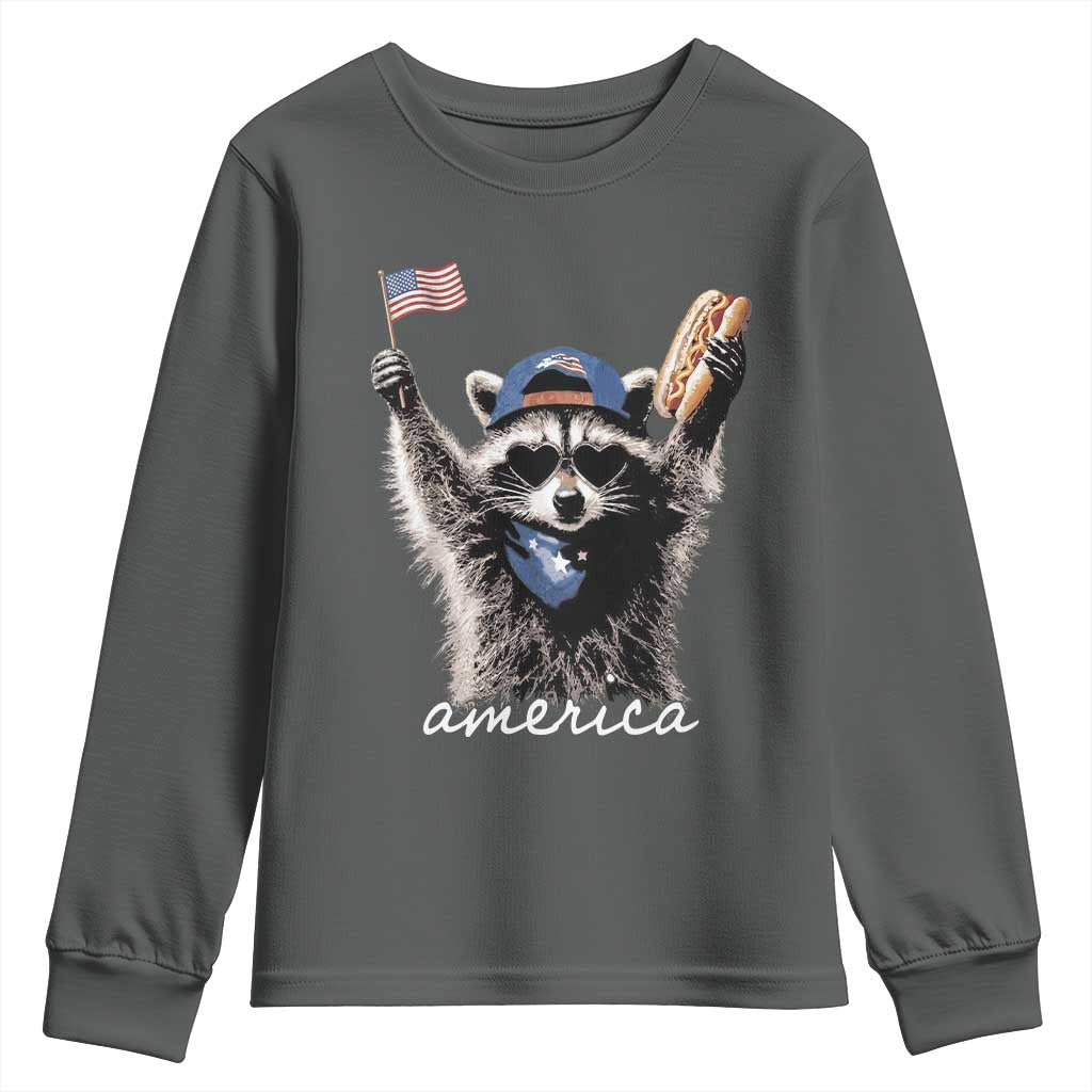 Funny America Raccoon Happy 4th of July Youth Sweatshirt Holding Hotdog and US Flag Patriotic Graphic
