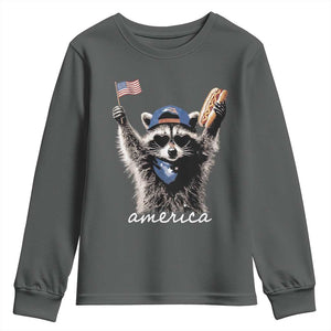 Funny America Raccoon Happy 4th of July Youth Sweatshirt Holding Hotdog and US Flag Patriotic Graphic