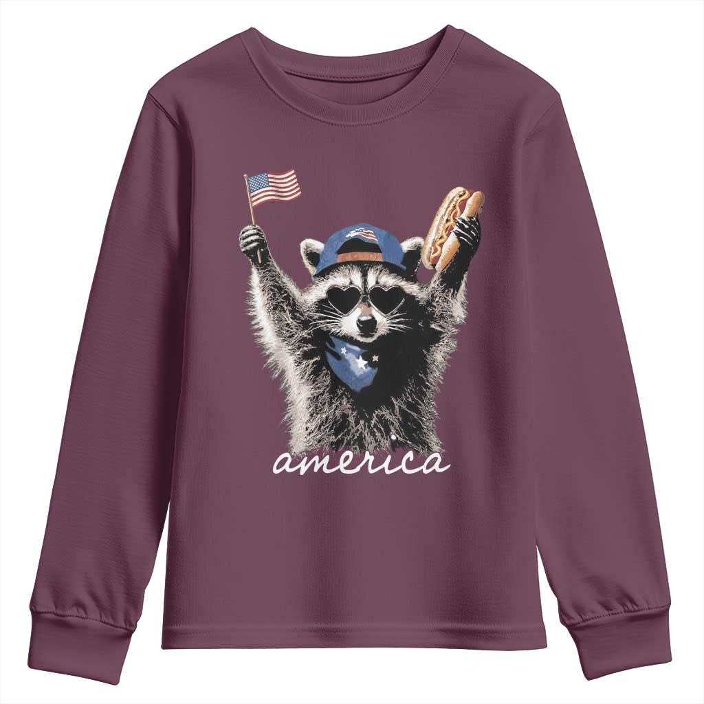 Funny America Raccoon Happy 4th of July Youth Sweatshirt Holding Hotdog and US Flag Patriotic Graphic
