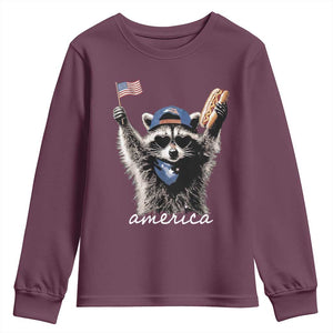 Funny America Raccoon Happy 4th of July Youth Sweatshirt Holding Hotdog and US Flag Patriotic Graphic