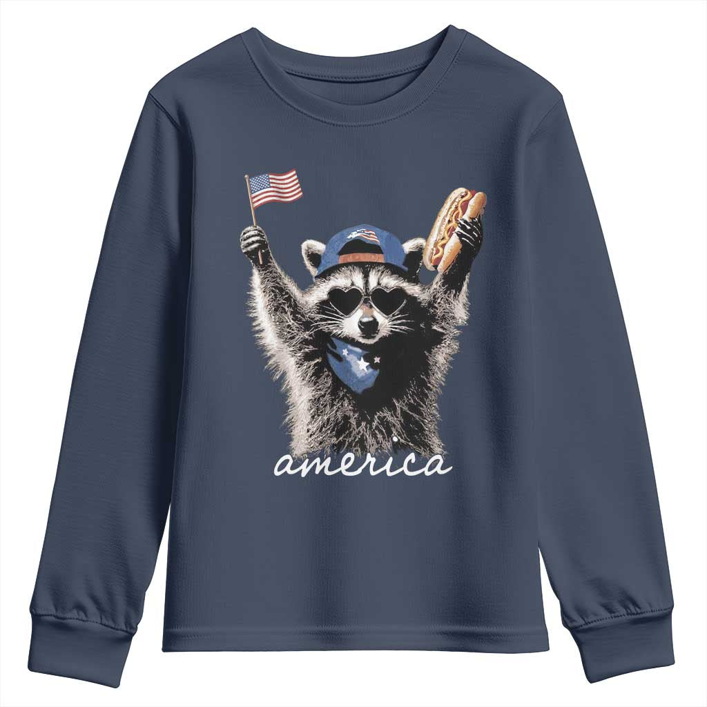 Funny America Raccoon Happy 4th of July Youth Sweatshirt Holding Hotdog and US Flag Patriotic Graphic