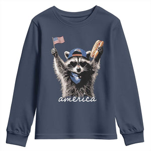 Funny America Raccoon Happy 4th of July Youth Sweatshirt Holding Hotdog and US Flag Patriotic Graphic