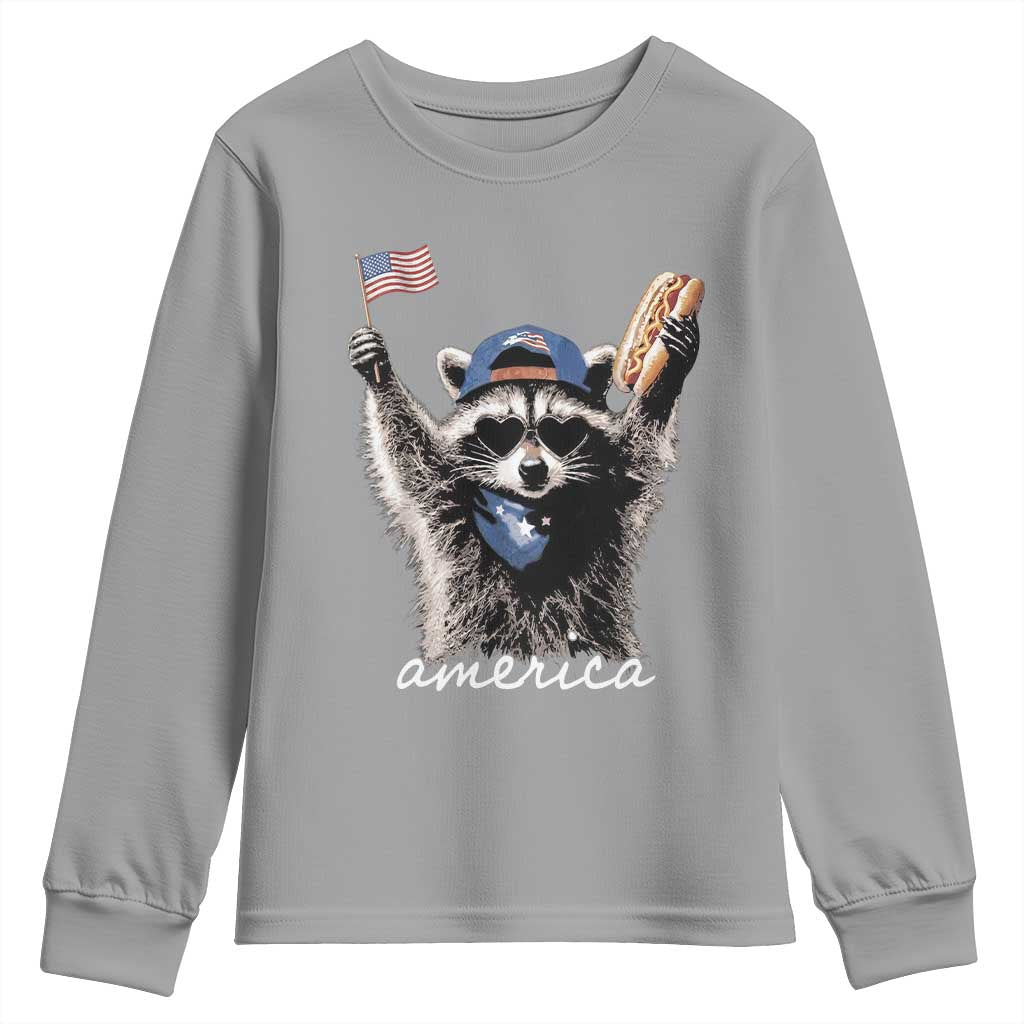 Funny America Raccoon Happy 4th of July Youth Sweatshirt Holding Hotdog and US Flag Patriotic Graphic