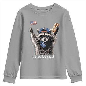 Funny America Raccoon Happy 4th of July Youth Sweatshirt Holding Hotdog and US Flag Patriotic Graphic