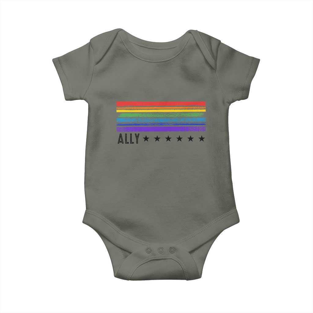 Retro Rainbow Ally Distressed Stripes Graphic Baby Onesie LGBTQ Support Pride Month