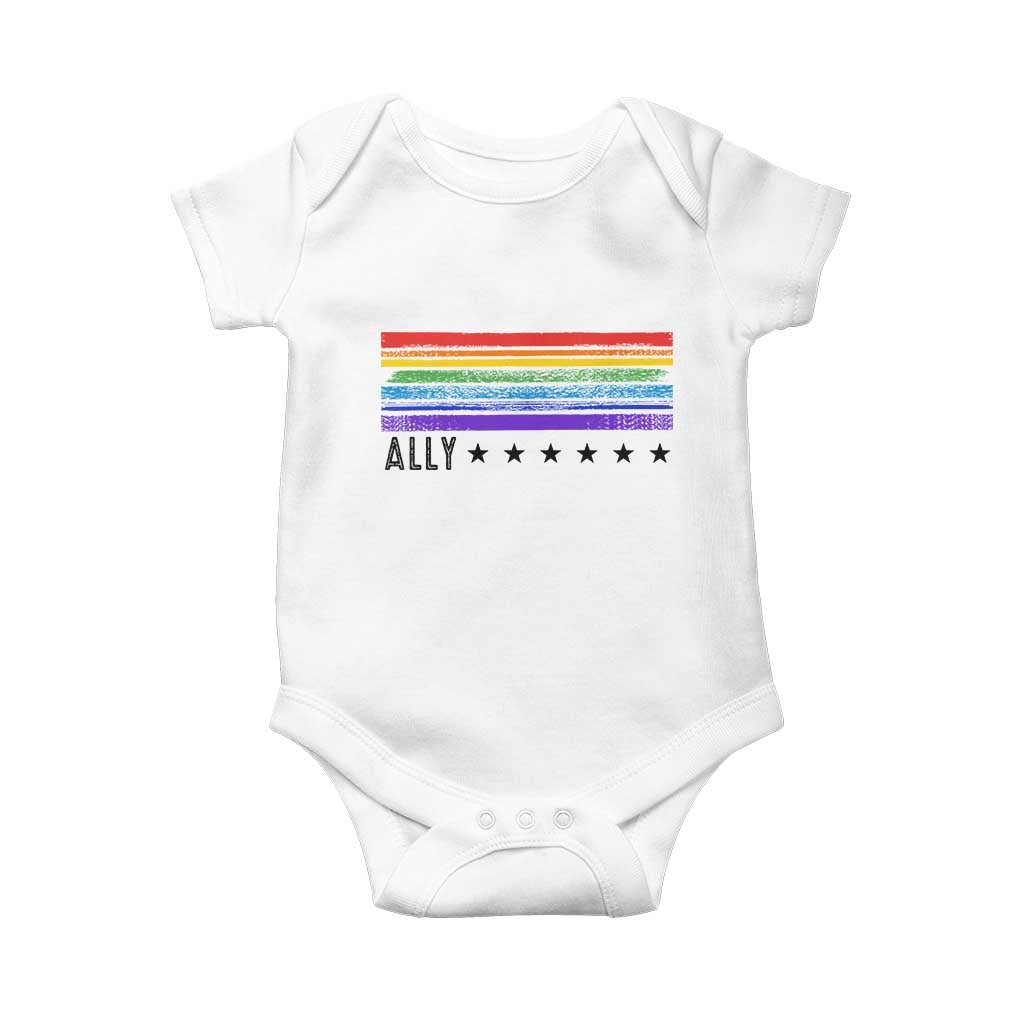 Retro Rainbow Ally Distressed Stripes Graphic Baby Onesie LGBTQ Support Pride Month