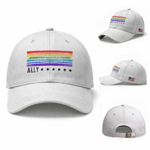Retro Rainbow Ally Distressed Stripes Graphic Baseball Cap LGBTQ Support Pride Month