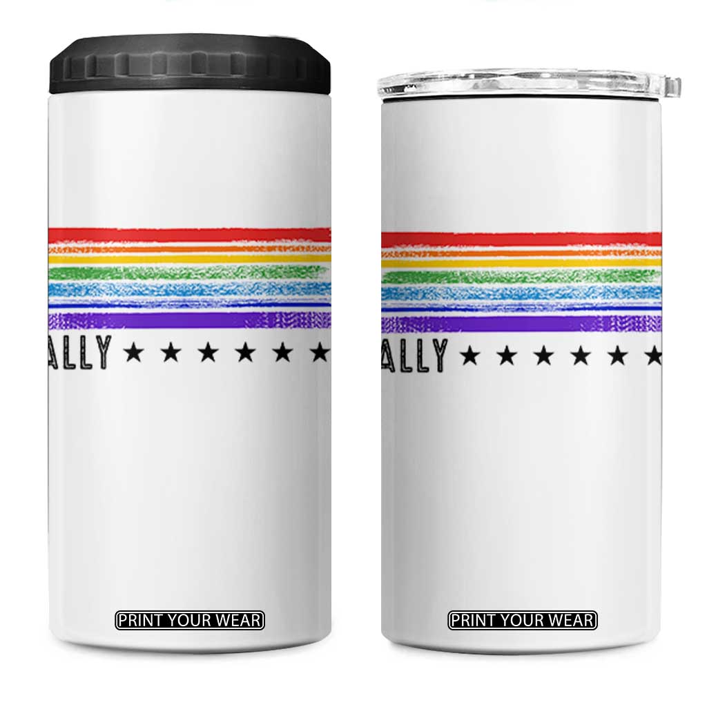 Retro Rainbow Ally Distressed Stripes Graphic 4 in 1 Can Cooler Tumbler LGBTQ Support Pride Month