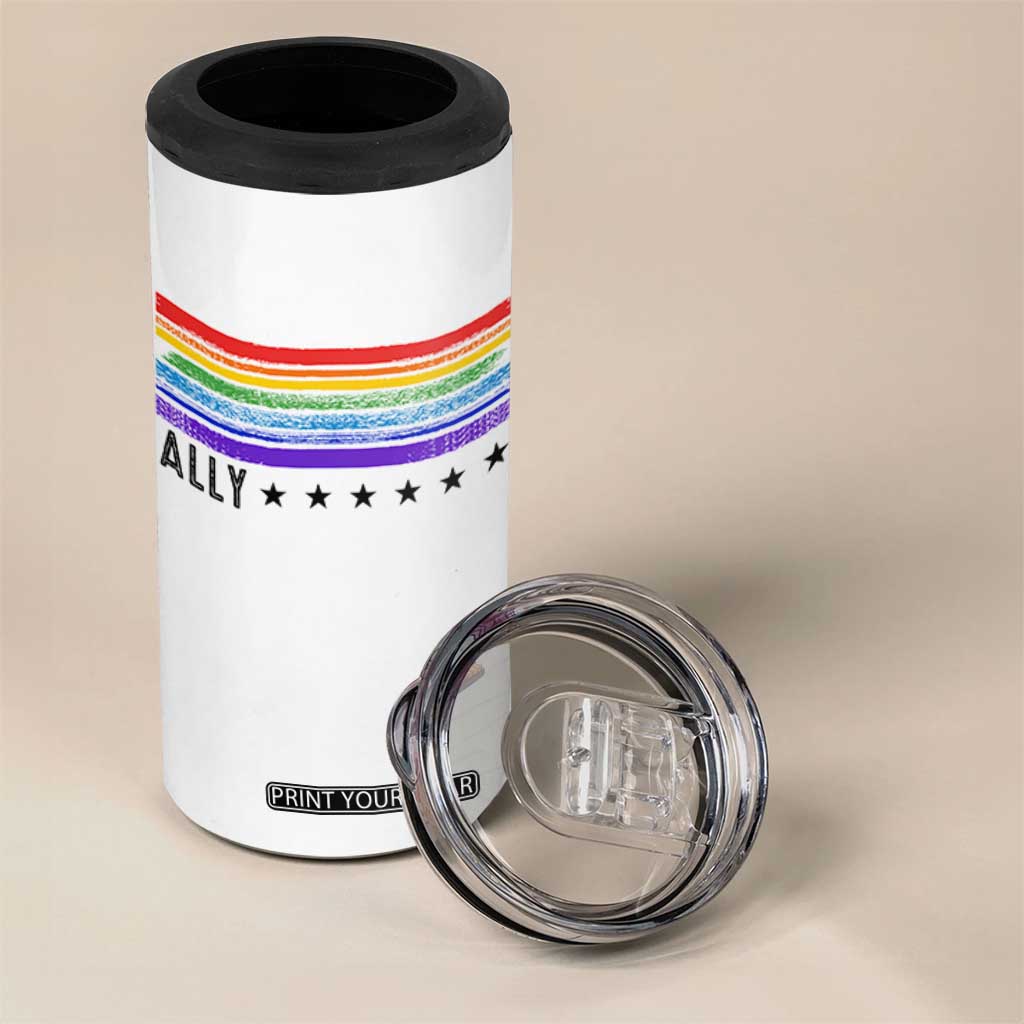 Retro Rainbow Ally Distressed Stripes Graphic 4 in 1 Can Cooler Tumbler LGBTQ Support Pride Month