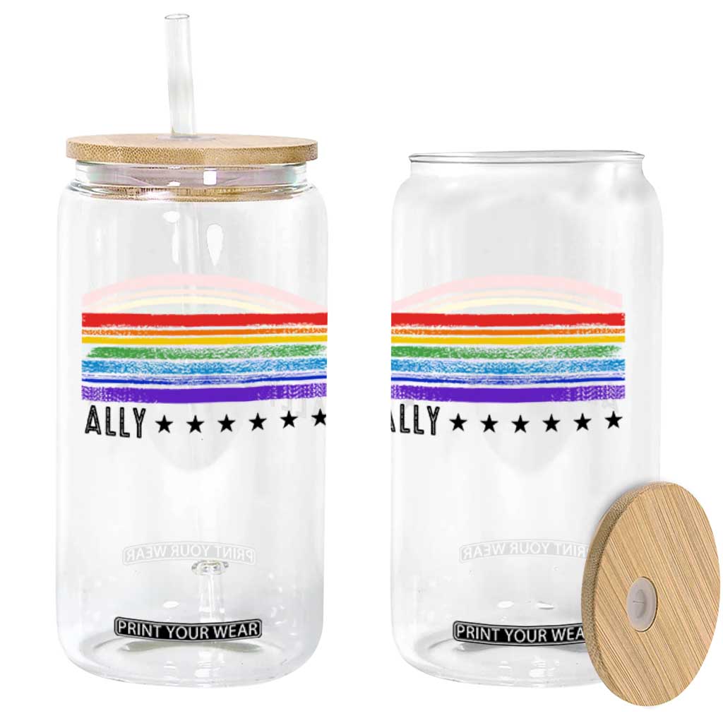 Retro Rainbow Ally Distressed Stripes Graphic Glass Can LGBTQ Support Pride Month
