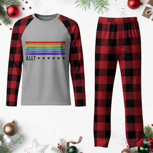 Retro Rainbow Ally Distressed Stripes Graphic Plaid Pajama Set LGBTQ Support Pride Month