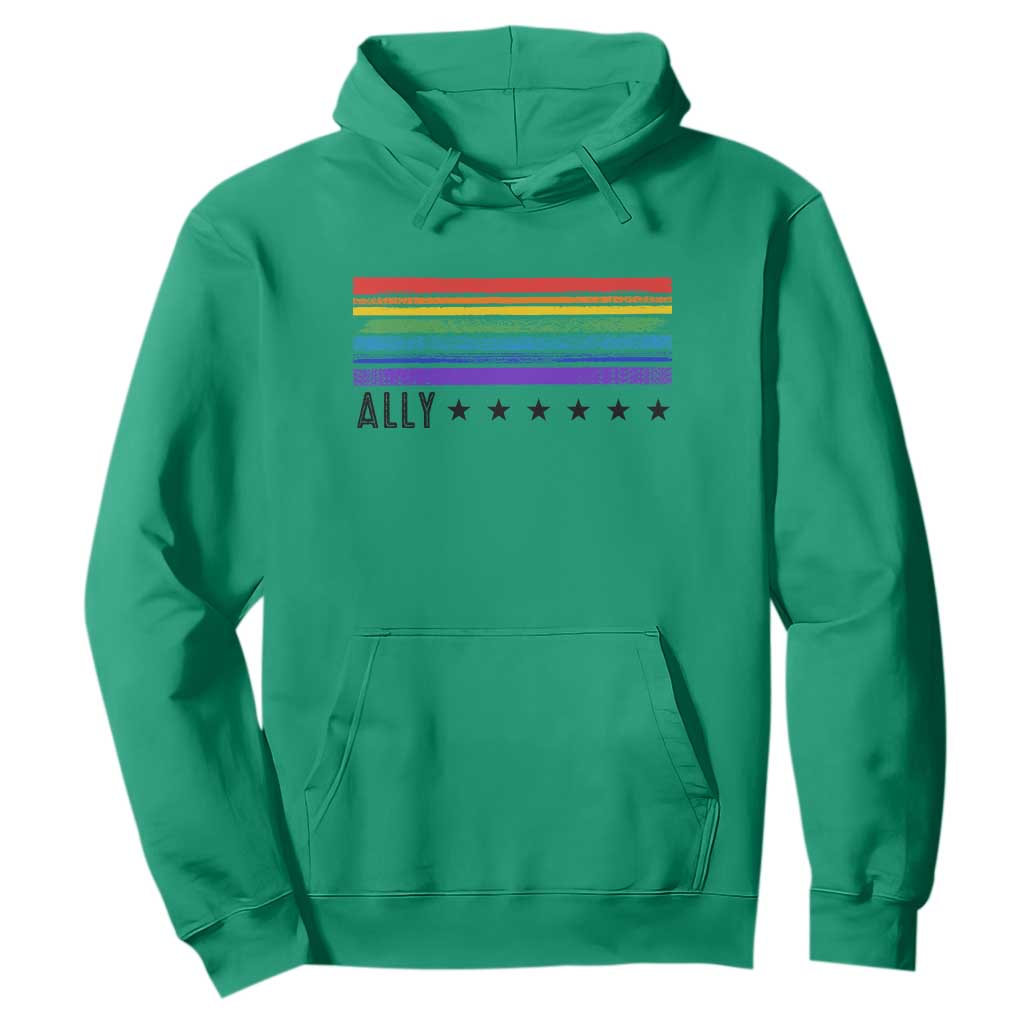 Retro Rainbow Ally Distressed Stripes Graphic Hoodie LGBTQ Support Pride Month