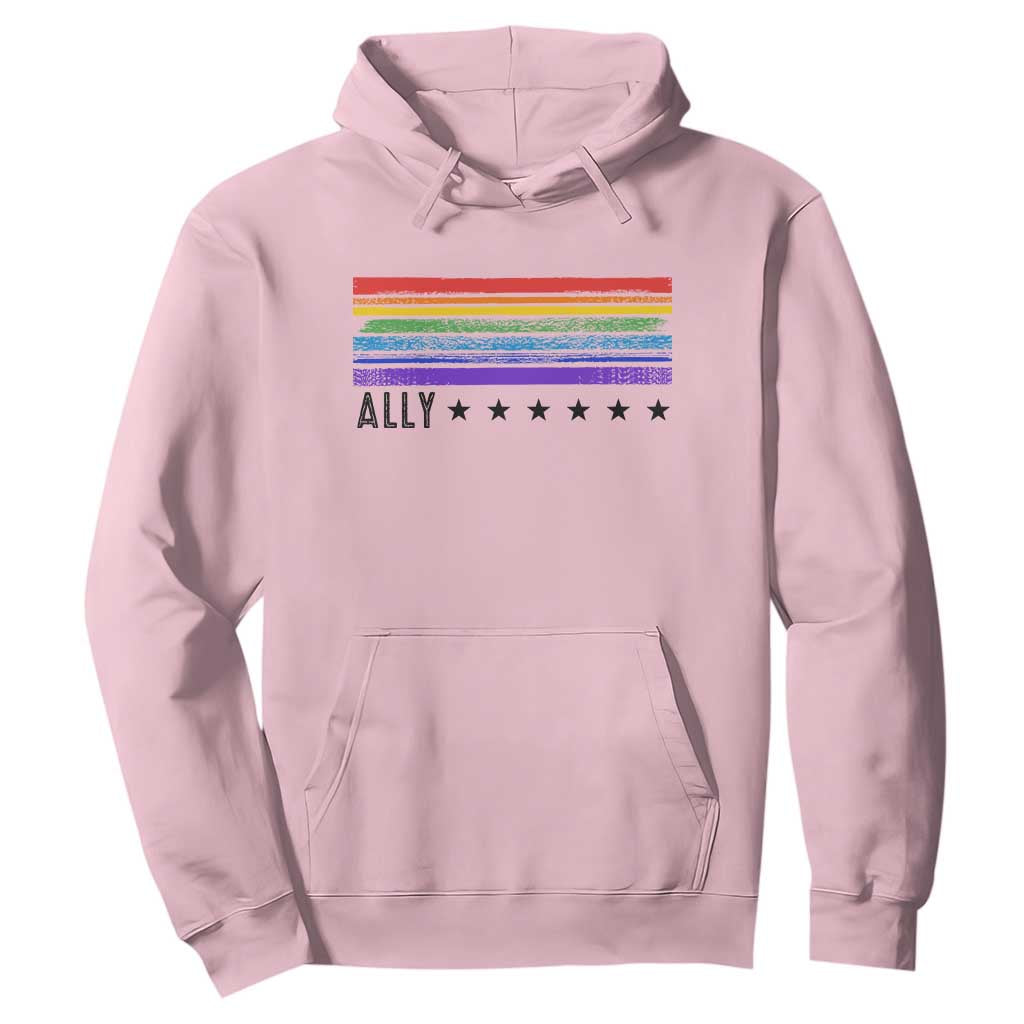 Retro Rainbow Ally Distressed Stripes Graphic Hoodie LGBTQ Support Pride Month