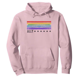 Retro Rainbow Ally Distressed Stripes Graphic Hoodie LGBTQ Support Pride Month