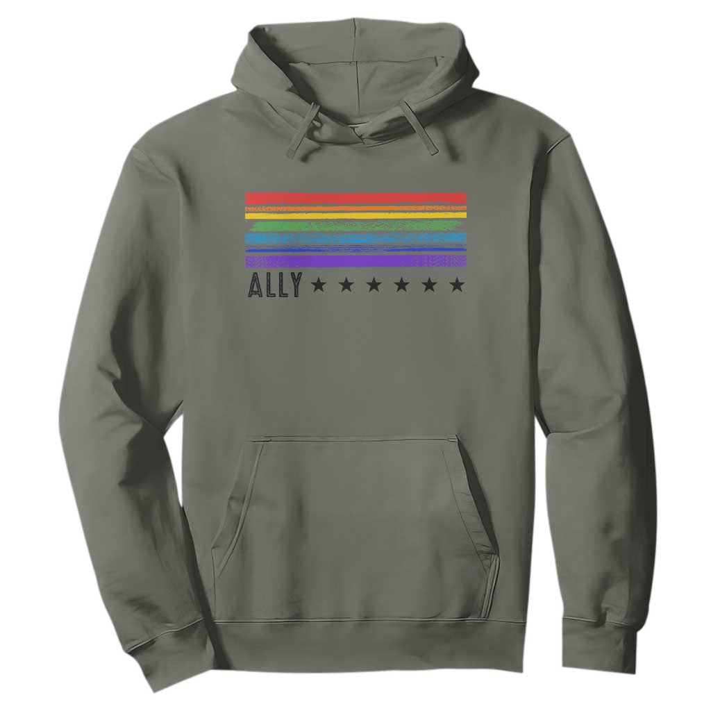 Retro Rainbow Ally Distressed Stripes Graphic Hoodie LGBTQ Support Pride Month