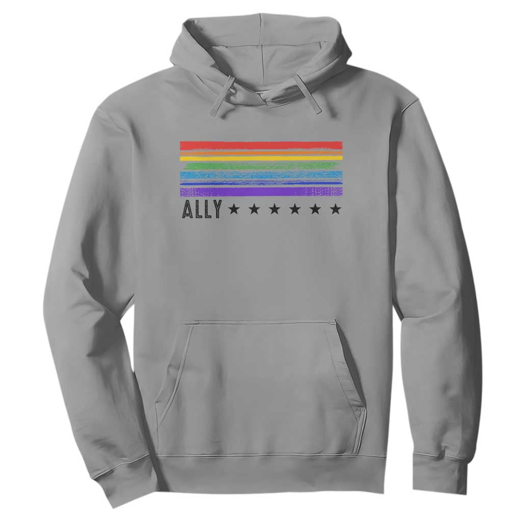 Retro Rainbow Ally Distressed Stripes Graphic Hoodie LGBTQ Support Pride Month