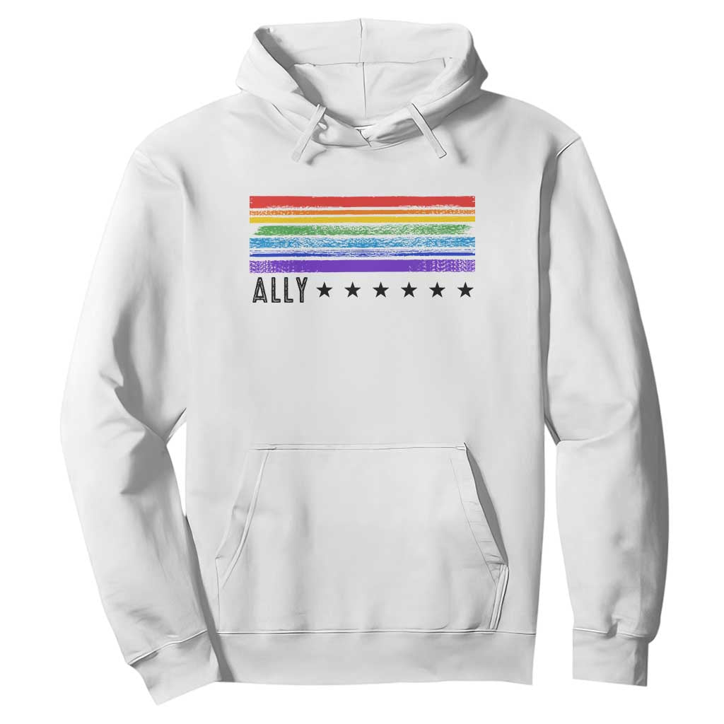 Retro Rainbow Ally Distressed Stripes Graphic Hoodie LGBTQ Support Pride Month