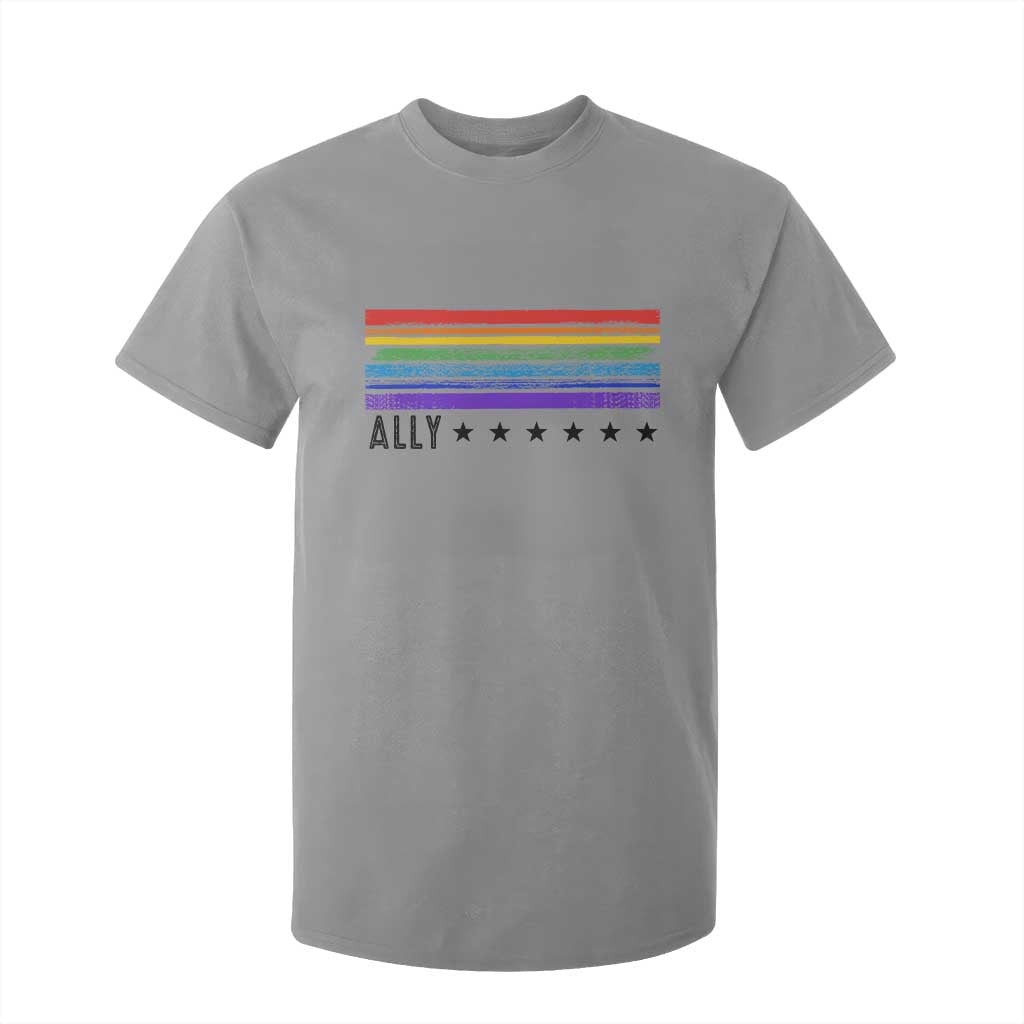 Retro Rainbow Ally Distressed Stripes Graphic T Shirt For Kid LGBTQ Support Pride Month