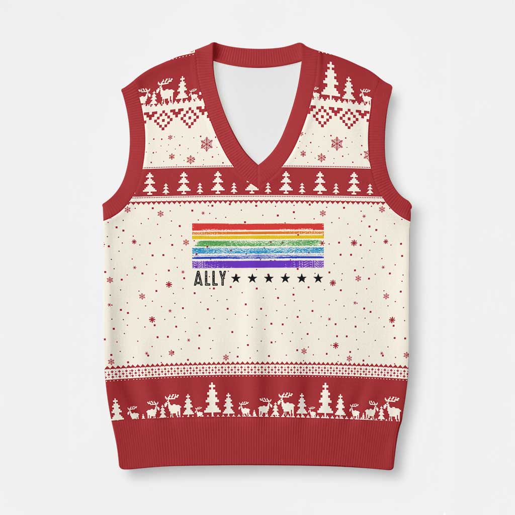 Retro Rainbow Ally Distressed Stripes Graphic V-Neck Knit Sweater Vest LGBTQ Support Pride Month