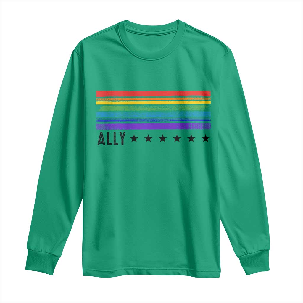 Retro Rainbow Ally Distressed Stripes Graphic Long Sleeve Shirt LGBTQ Support Pride Month