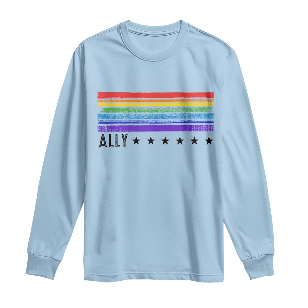 Retro Rainbow Ally Distressed Stripes Graphic Long Sleeve Shirt LGBTQ Support Pride Month