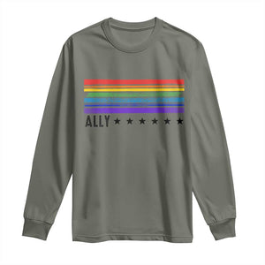 Retro Rainbow Ally Distressed Stripes Graphic Long Sleeve Shirt LGBTQ Support Pride Month
