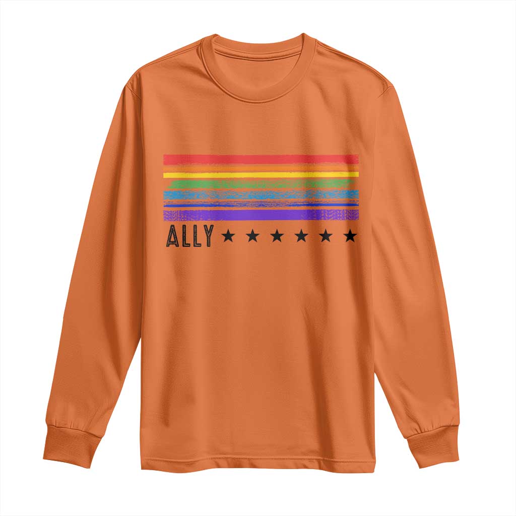 Retro Rainbow Ally Distressed Stripes Graphic Long Sleeve Shirt LGBTQ Support Pride Month