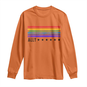 Retro Rainbow Ally Distressed Stripes Graphic Long Sleeve Shirt LGBTQ Support Pride Month
