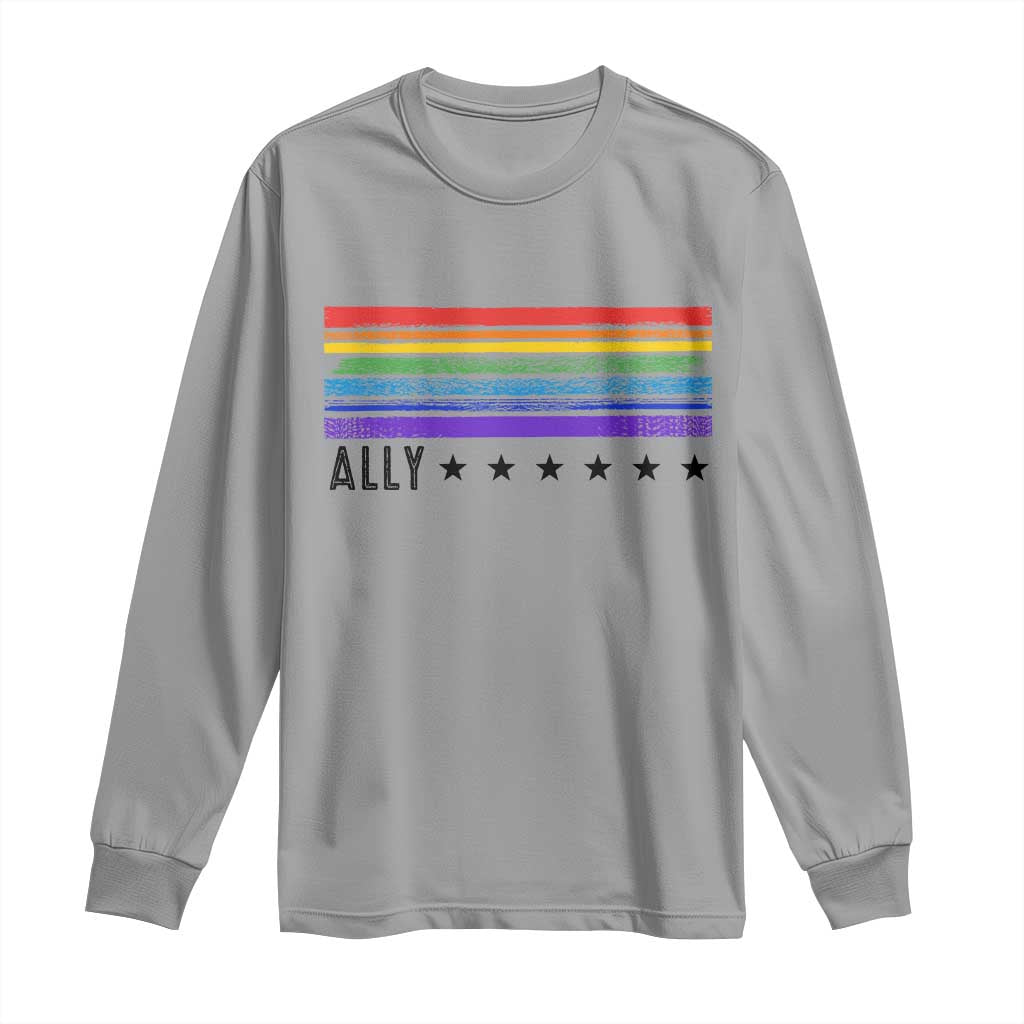 Retro Rainbow Ally Distressed Stripes Graphic Long Sleeve Shirt LGBTQ Support Pride Month