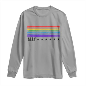 Retro Rainbow Ally Distressed Stripes Graphic Long Sleeve Shirt LGBTQ Support Pride Month