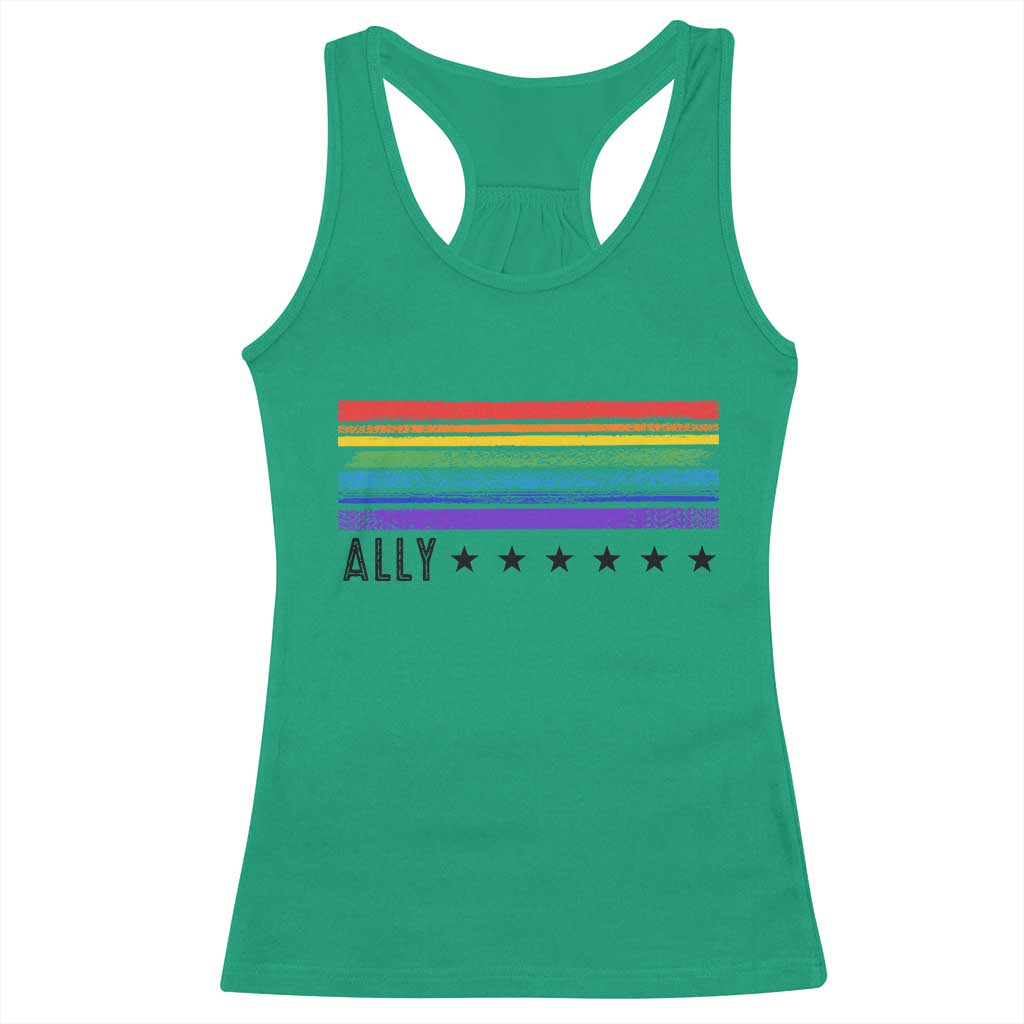 Retro Rainbow Ally Distressed Stripes Graphic Racerback Tank Top LGBTQ Support Pride Month