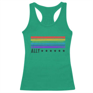 Retro Rainbow Ally Distressed Stripes Graphic Racerback Tank Top LGBTQ Support Pride Month
