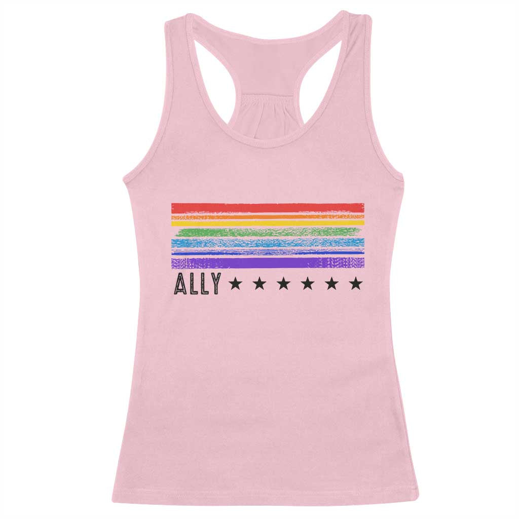 Retro Rainbow Ally Distressed Stripes Graphic Racerback Tank Top LGBTQ Support Pride Month