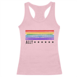 Retro Rainbow Ally Distressed Stripes Graphic Racerback Tank Top LGBTQ Support Pride Month