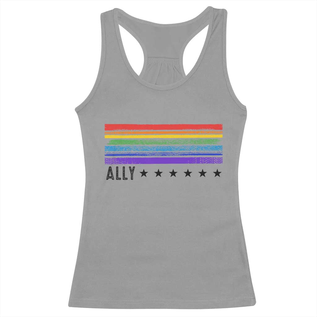 Retro Rainbow Ally Distressed Stripes Graphic Racerback Tank Top LGBTQ Support Pride Month