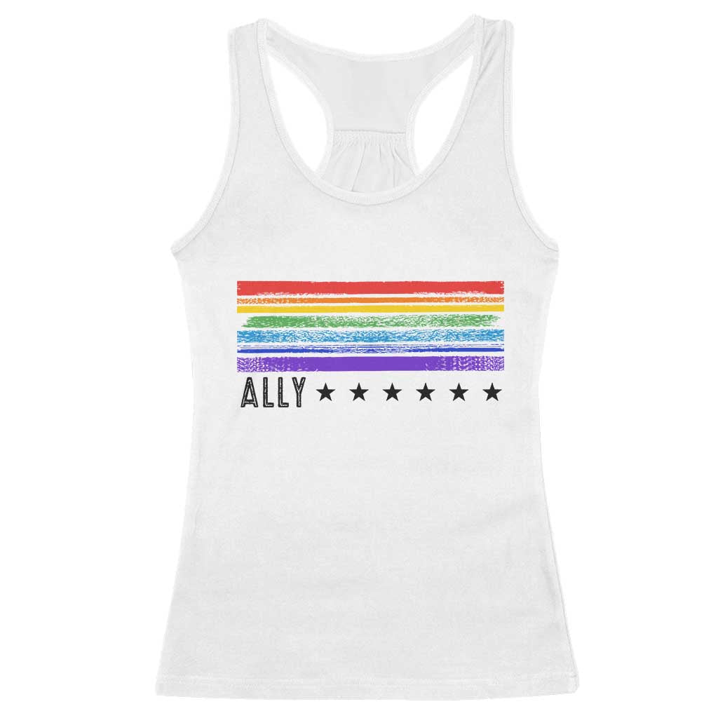 Retro Rainbow Ally Distressed Stripes Graphic Racerback Tank Top LGBTQ Support Pride Month