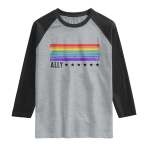 Retro Rainbow Ally Distressed Stripes Graphic Raglan Shirt LGBTQ Support Pride Month